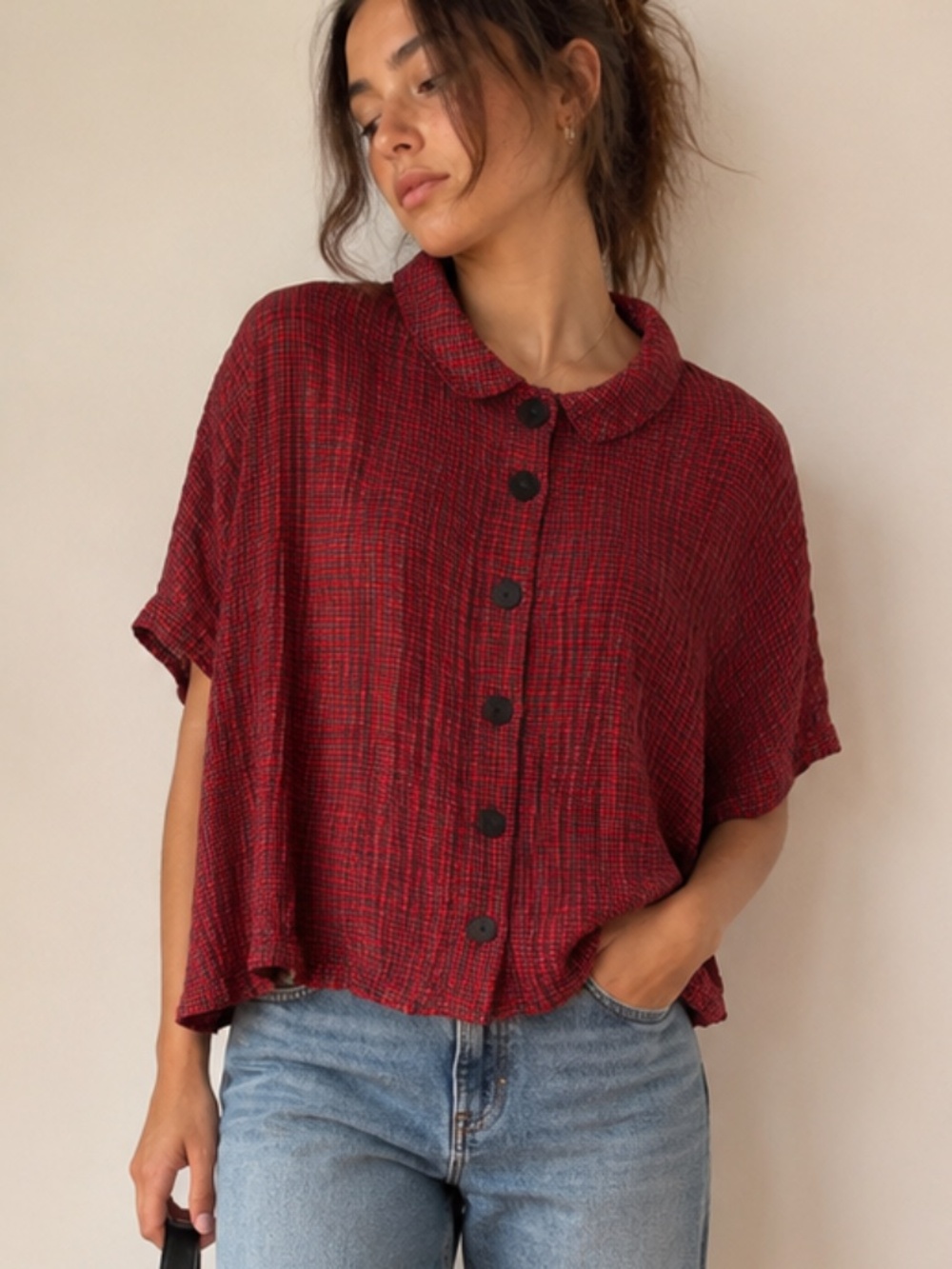 Dress to Kill Crinkle Cotton Plaid Button Front Top OS Made in USA